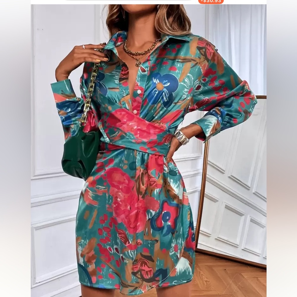 NWOT-SHEIN Blue and Pink Wrap Tie Front Long Sleeve Dress